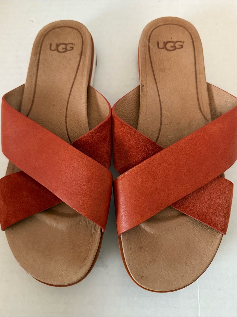 Leather slide sandals, UGG Kari, coral/orange colorway - Picture 1 of 6